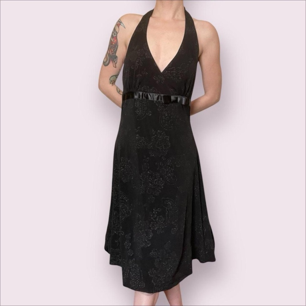 B Darlin NWT Black Sparkly Belted V Neck Halter Dress - Picture 2 of 5